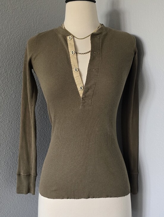 Ralph Lauren Tops - Vintage Ralph Lauren 100% Cotton Ribbed Henley Top Olive Fitted Long Sleeve S